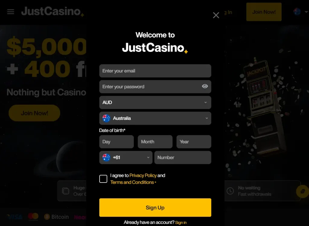 Join Just Casino in Australia to get no deposit bonus